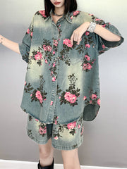 High-Low Loose Floral Printed Split-Joint Lapel Blouses&Shirts Tops