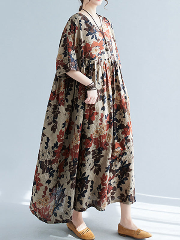 Loose Puff Sleeves Floral Printed Round-Neck Midi Dresses