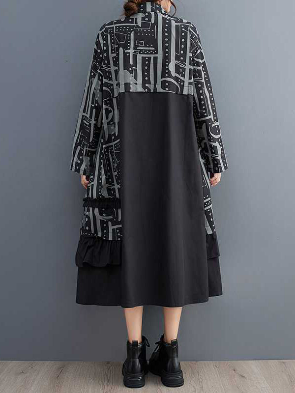 A-Line Long Sleeves Asymmetric Buttoned Printed Split-Joint Lapel Midi Dresses