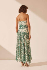 Antonia Printed Strapless Gathered Maxi Dress