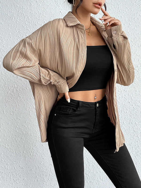 Long Sleeves Loose Buttoned Solid Color Lapel Blouses&Shirts Tops