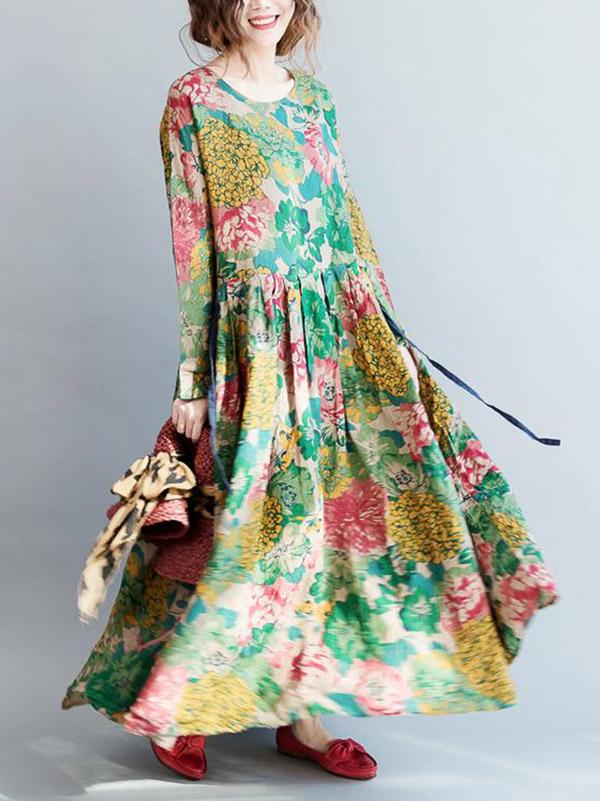 National Style Flower Printed Long Dress