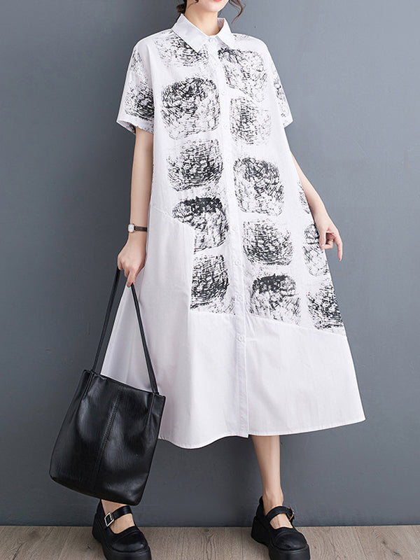 Loose Short Sleeves Abstract Printed Lapel Midi Dresses Shirt Dress