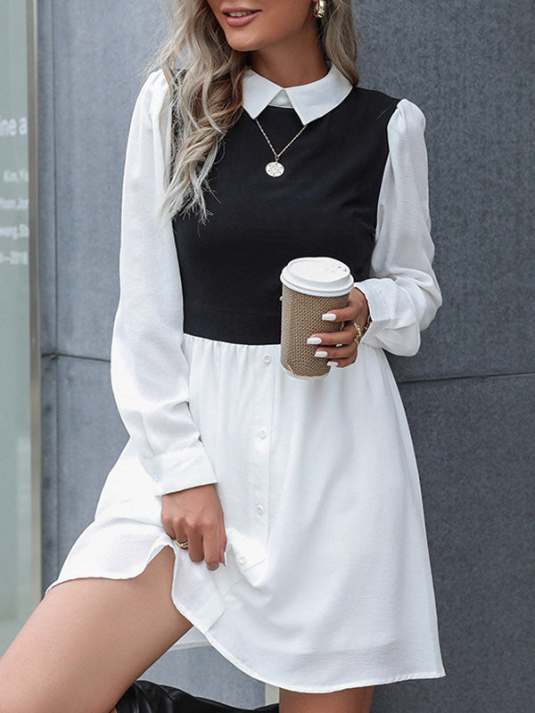 A-Line High Waisted Buttoned Hollow Split-Joint Lapel Mini Dresses