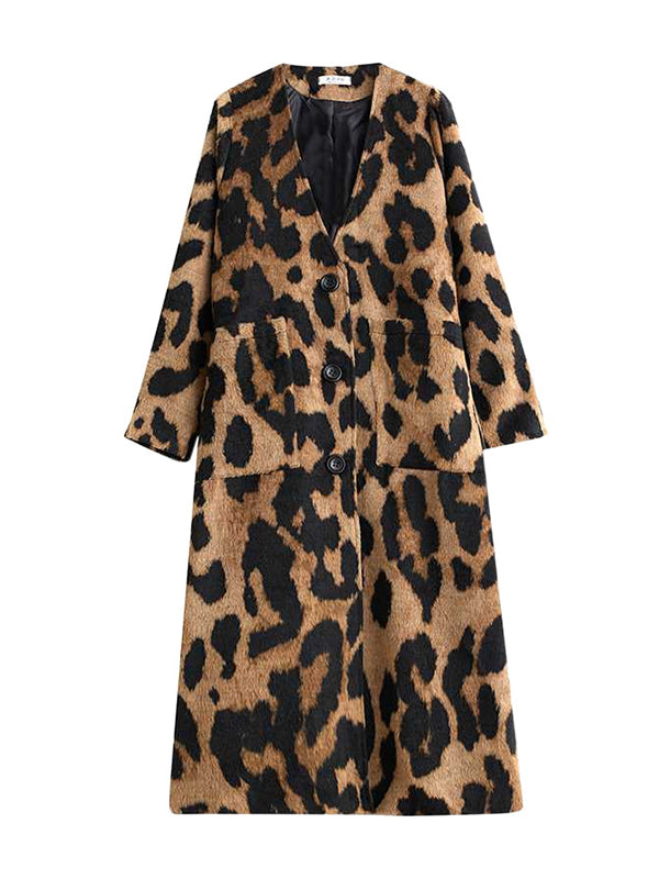 Long Sleeves Loose Buttoned Leopard Pockets Split-Joint V-Neck Outerwear Trench Coats