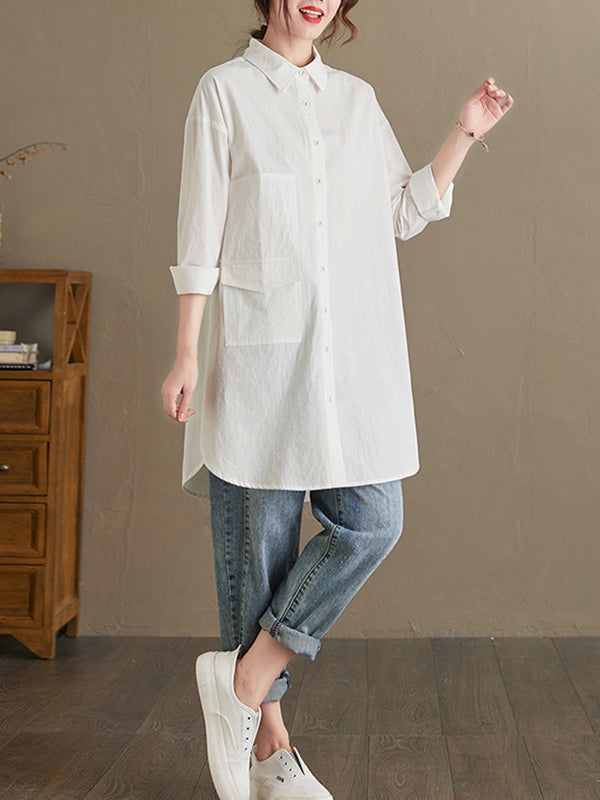 Simple Solid Buttoned Lapel Collar Long Sleeves Blouse