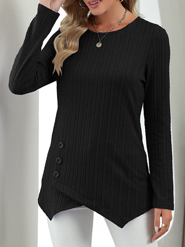 Long Sleeves Loose Asymmetric Buttoned Round-Neck T-Shirts Tops