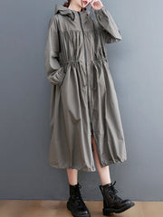 Casual Loose Solid Color Zipper Drawstring Long Sleeves Hooded Trench Coat