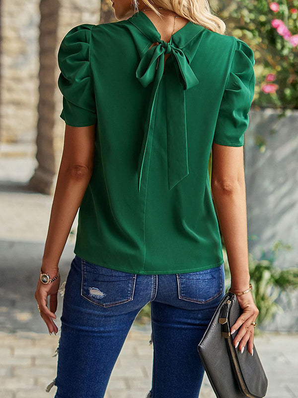 Half Sleeves Loose Pleated Solid Color Mock Neck T-Shirts Tops