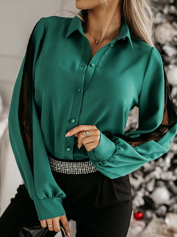 Long Sleeves Loose Buttoned Mesh Split-Joint Lapel Blouses&Shirts Tops