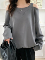 Long Sleeves Loose Hollow Solid Color Cold Shoulder T-Shirts Tops