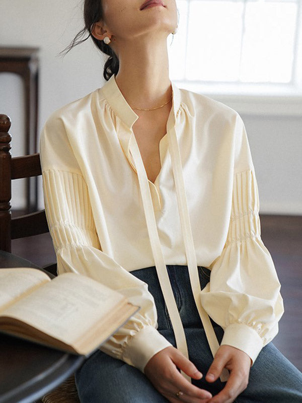 Long Sleeves Loose Pleated Solid Color Tied Mock Neck Blouses&Shirts Tops