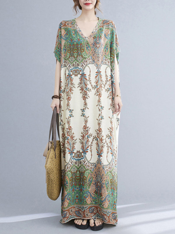 Vintage Floral Printed V-Neck Batwing Sleeves H-Line Maxi Dress