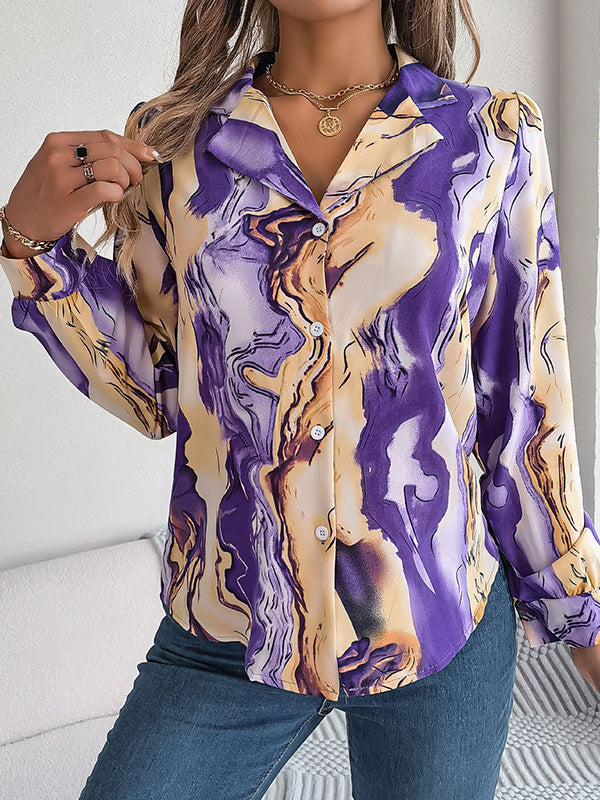 Long Sleeves Loose Buttoned Printed Notched Collar Blouses&Shirts Tops