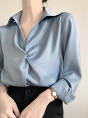 Long Sleeves Loose Knot Solid Color Lapel Blouses&Shirts Tops