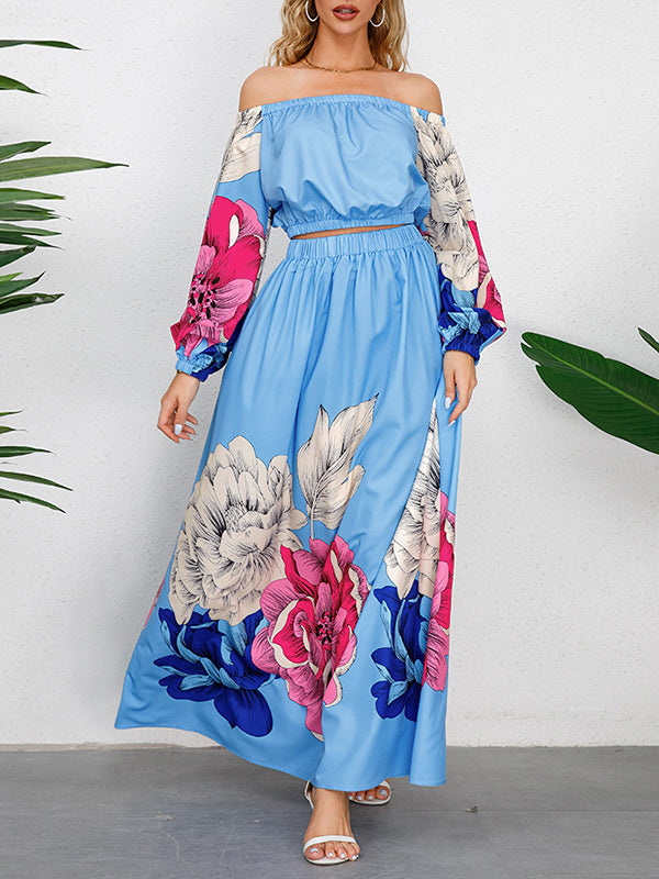 A-Line Elasticity Flower Print Pleated Off-The-Shoulder Shirts Top + High Waisted Skirts Bottom Two Pieces Set