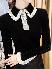 Long Sleeves Skinny Hollow Ruffled Peter Pan Collar T-Shirts Tops