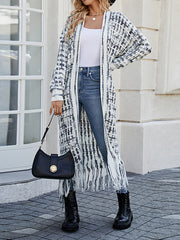 Long Sleeves Loose Plaid Tasseled Collarless Cardigan Tops