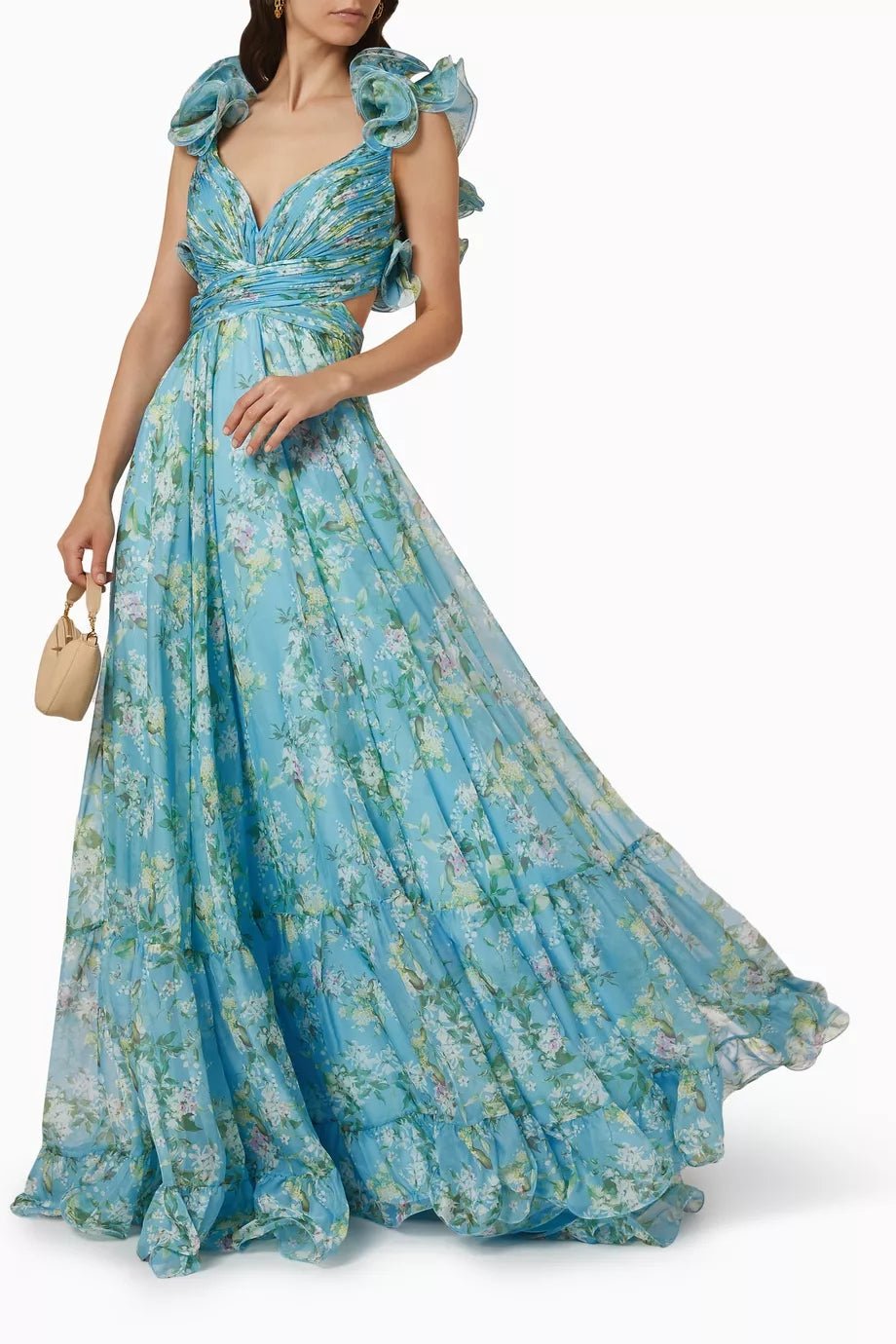 Ginny Printed Ruffle Lace Up Chiffon Maxi Dress