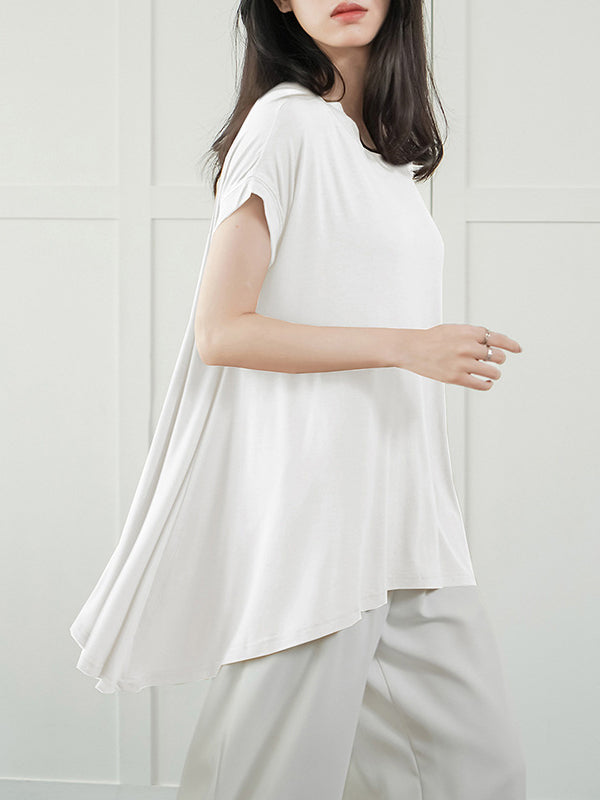 High-Low Loose Asymmetric Solid Color Round-Neck T-Shirts Tops