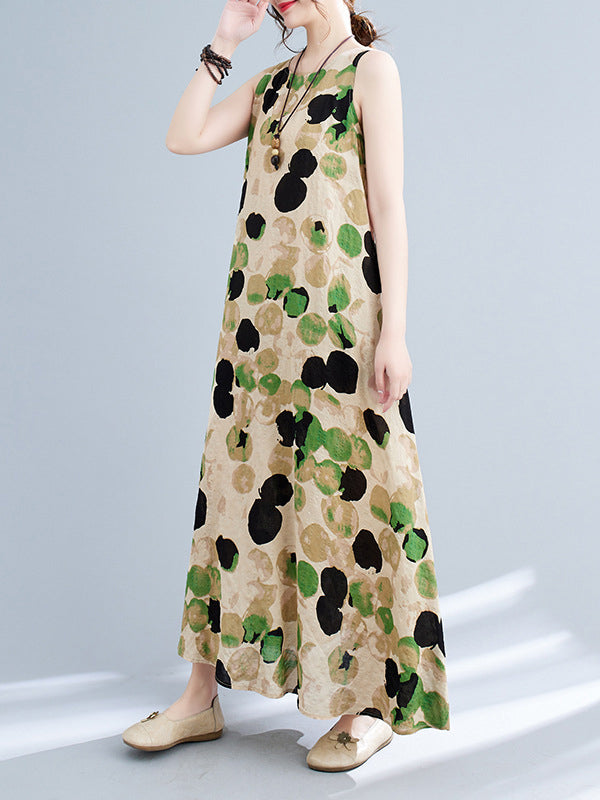 Loose Sleeveless Printed Split-Joint Round-Neck Maxi Dresses