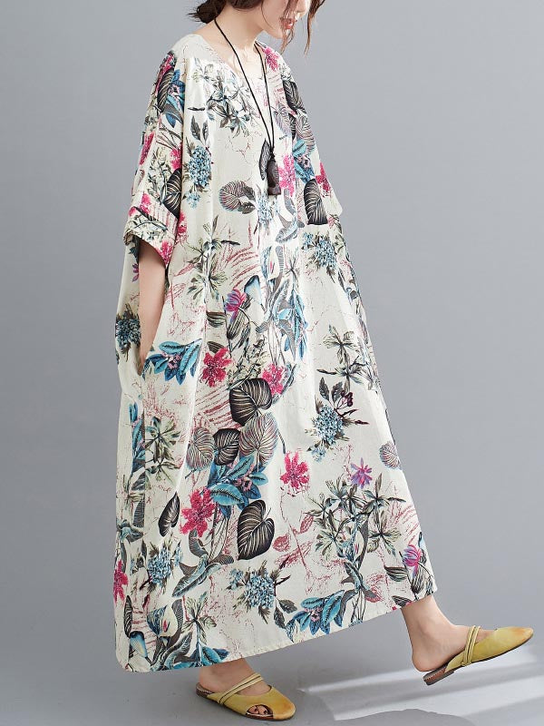 Vintage Floral Round-Neck Dress