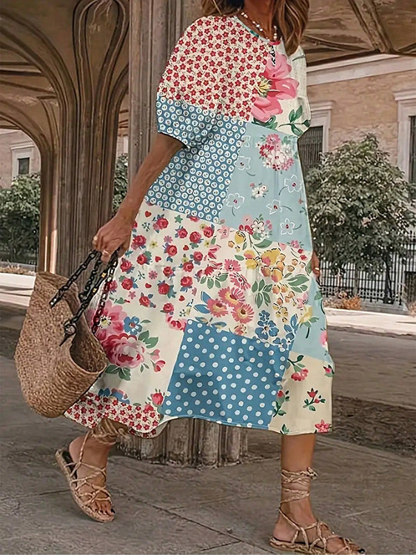 Half Sleeves Loose Flower Print Polka-Dot Round-Neck Midi Dresses