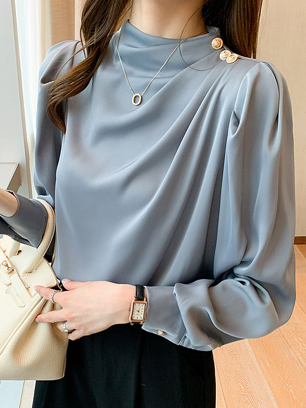 Loose Puff Sleeves Pleated Split-Joint High Neck Blouses&Shirts Tops