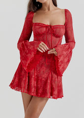 Self-Tie Lace Long Sleeve Dress - Vibrant Red