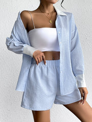 Long Sleeves Loose Buttoned Split-Joint Striped Lapel Blouses Top + Elasticity Shorts Bottom Two Pieces Set