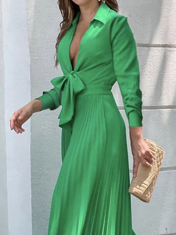 Simple Long Sleeves Lace-Up Pleated Solid Color Deep V-Neck Jumpsuits