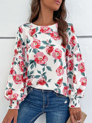 Long Sleeves Loose Elasticity Flower Print Round-Neck Blouses&Shirts Tops