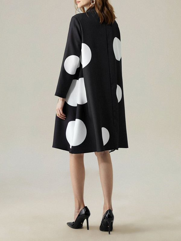 Long Sleeves Loose Asymmetric Buttoned Polka-Dot Tied Mock Neck Jackets&Coats Midi Dresses Outerwear