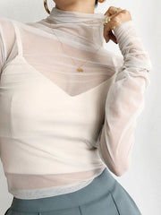 Long Sleeves Skinny Gauze See-Through Solid Color High Neck T-Shirts