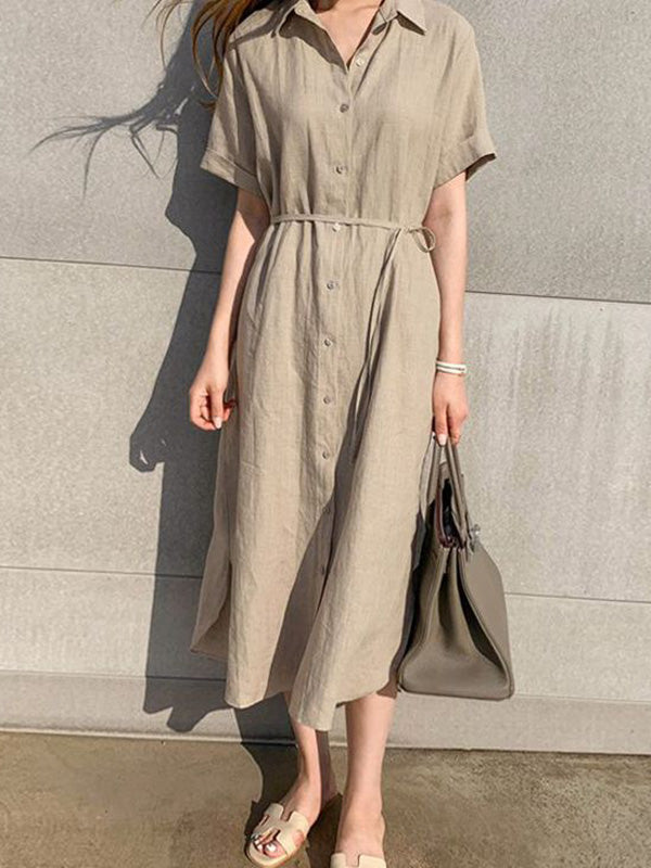 Simple 3 Colors Loose Casual Short Sleeve Shirt Dress