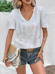 Loose Short Sleeves Sequined Shiny Split-Joint V-Neck T-Shirts