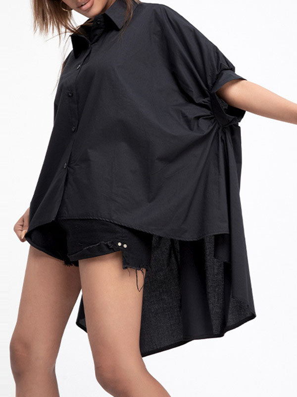 Batwing Sleeves High-Low Solid Color Lapel Blouses&Shirts Tops