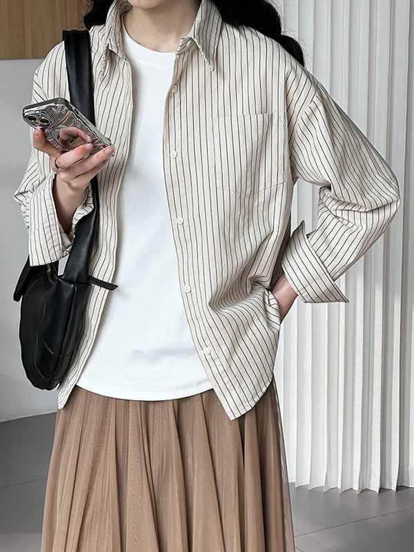 Long Sleeves Loose Buttoned Pockets Striped Lapel Blouses&Shirts Tops