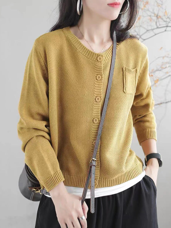 Simple Loose Long Sleeves Buttoned Solid Color Round-Neck Cardigan Tops