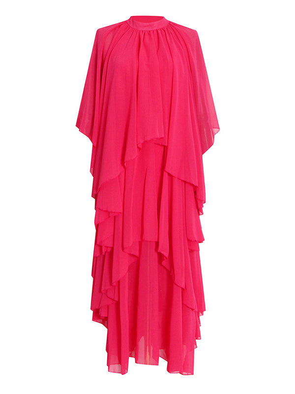 Loose Raglan Sleeve Solid Color Tiered Stand Collar Maxi Dresses