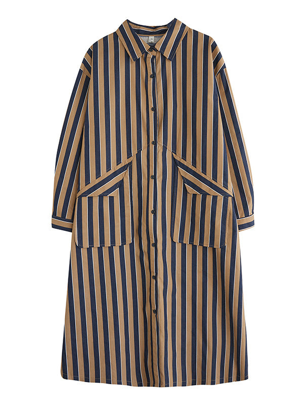 Original Loose Long Sleeves Buttoned Striped Lapel Collar Midi Shirt Dresses