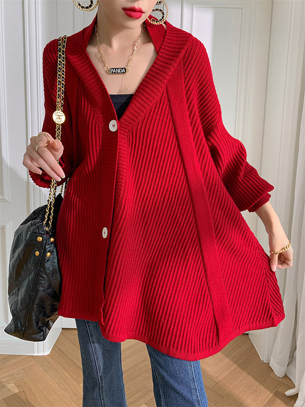 Stylish A-Line Long Sleeves Loose Solid Color V-Neck Cardigan Tops