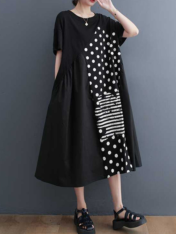 A-Line Loose Asymmetric Pockets Polka-Dot Split-Joint Round-Neck Midi Dresses