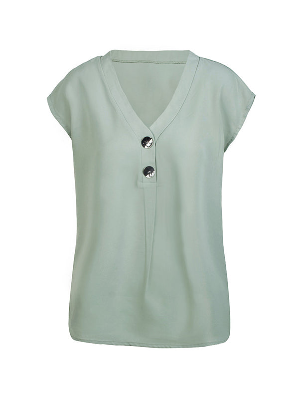 Cap Sleeve Loose Buttoned Solid Color V-Neck Blouses&Shirts Tops