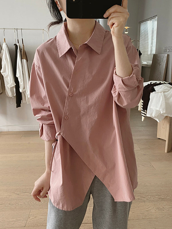 Irregular Clipping Long Sleeves Lace-Up Solid Color Lapel Blouses