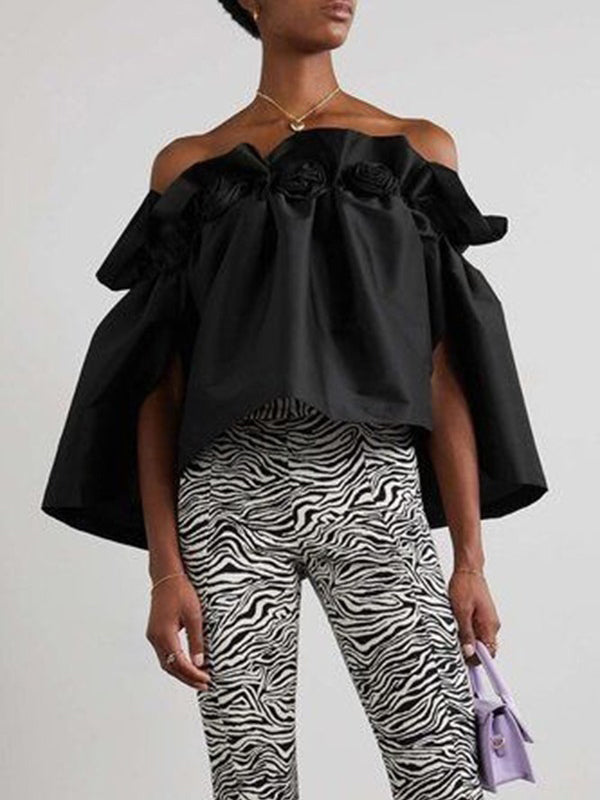 Loose Short Sleeves Elasticity Floral Pleated Solid Color Off-The-Shoulder Blouses&Shirts Tops