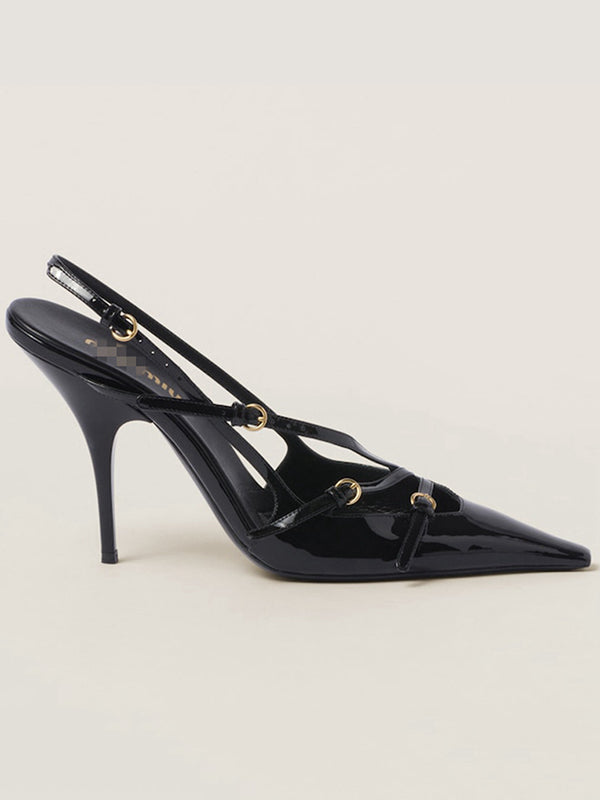 Belt Buckle Hollow Pointed-Toe Split-Joint Pumps Sandals Sling Shoes