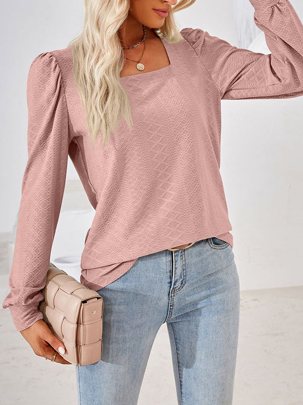 Loose Jacquard Solid Color Square-neck T-Shirts Tops