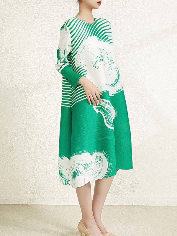 Long Sleeves Loose Pleated Printed Round-Neck Midi Dresses