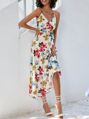 High Waisted Sleeveless Elasticity Flower Print Spaghetti-Neck Midi Dresses